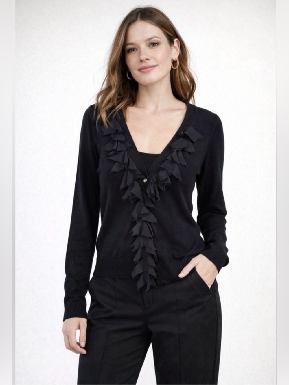 New York & Company Black Ruffle Front Cardigan | Sheer Trim V-Neck Sweater M